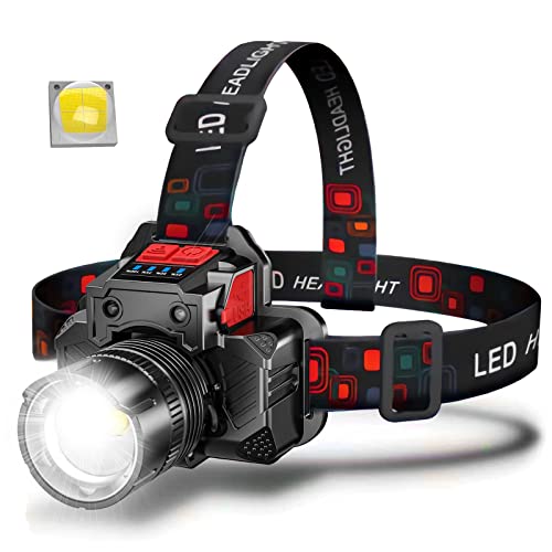 BiteBoom Rechargeable Super Bright LED Headlamps - Mechanical Rotational Zoom, 90°Angle Adjustable, USB Head Lamp with Power Bank - High Lumen - Waterproof for Camping, Hiking, Fishing