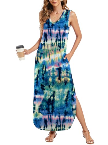 Image of Arolina Maxi Dress for Women Tropical Summer V Neck Sleeveless Split Long Beach Dresses Casual Loose Sundress with Pockets