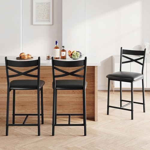 Butacos GarveeHome de 26 pulgadas, juego de 6 unidades, con respaldo, soportan hasta 300 libras | Butacos negros con asiento acolchado y cojín grueso tapizado, sillas para isla de cocina, bar o comedor miniatura 3