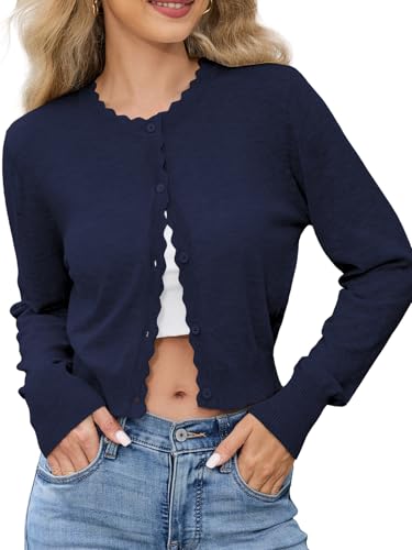 Lyrur Women's Long Sleeve Cardigan Knit Sweaters Cropped Open Front Bolero Shrug for Dresses (L,7068-Navy)