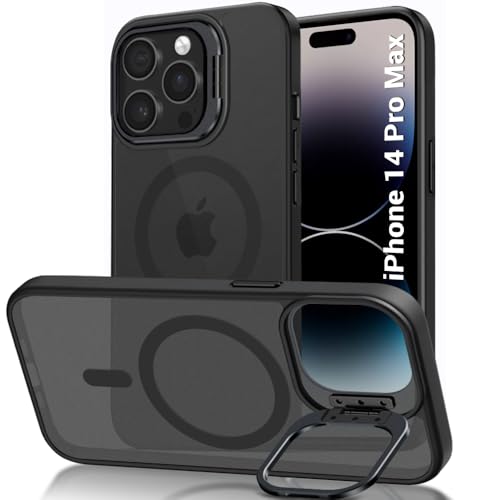 Image of TheGiftKart Hybrid Matte Frosted Back Cover Case for iPhone 14 Pro MAX Compatible with MagSafe | Built-in Stand | Shockproof Hard Back Case Cover for iPhone 14 Pro MAX (PC & TPU, Translucent Black)