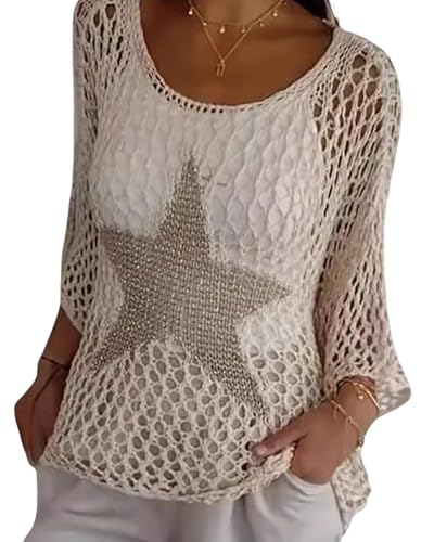 Image of CORIRESHA Women's Summer Star Crochet Sweater Scoop Neck 3 /4 Sleeves Hollow Out Knit Beach Cover Up