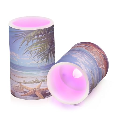 Image of Flickering Flameless Candles, Starfish Seashell Beach Palm LED Candles with Remote Timer, Set of 2 Battery Operated Candle for Valentine Wedding Birthday