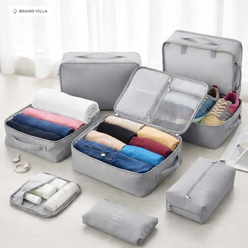Image of BRAND VILLA 7 Pcs Travel Organizer Set Packing Cubes Luggage Organizer Bags with Shoe Bag, Laundry Pouch & Toiletry Bag for Clothes, Shoes, Accessories, Lightweight Travel Storage for Suitcase (Grey)