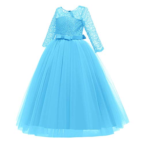 Image of Girls Flower Vintage Floral Lace 3 /4 Sleeves Floor Length Dress Wedding Party Evening Formal Pegeant Dance Gown