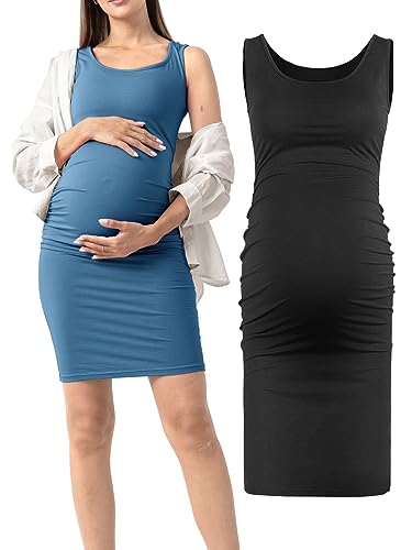 Rnxrbb 2 Pack Bodycon Maternity Dresses Summer Clothes Pregnancy Dress Sleeveless Tank Sundress,Black+Navy M #TOP18