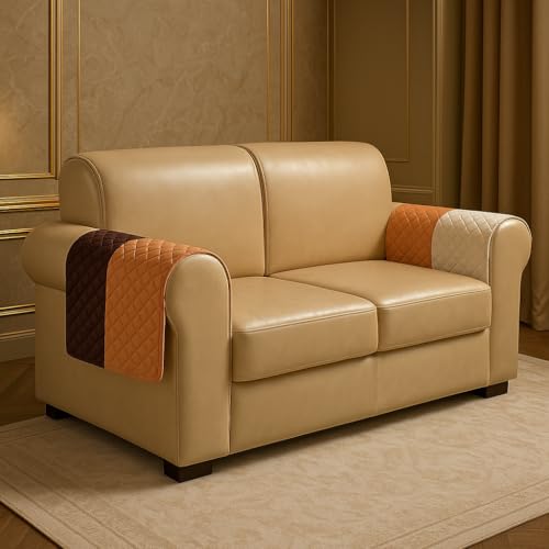 Image of Brown Stripes Quilted Velvet Armrest Covers - Pair - Rich Brown Palette - Non-Fading Color - Couch Cover - Easy Maintenance - Soft Quilted Velvet - Armrest Protector Set - Made in India