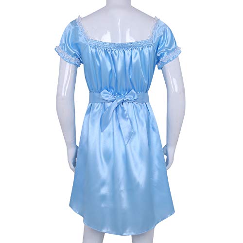 Yanarno Men's Satin Frilly Scoop Neck Sissy Dress Cross Dresser Lingerie Pajamas Nightwear Costume Blue Large - Image 4