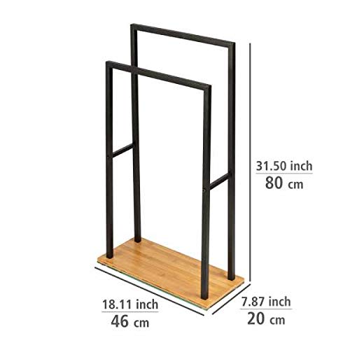 WENKO Toallero de pie «Bambusa», con 2 barras verticales para toallas, base de bambú, estructura de acero negro, estilo loft, accesorio de baño sostenible, 46 x 20 x 80 cm, color natural/negro - imagen 4