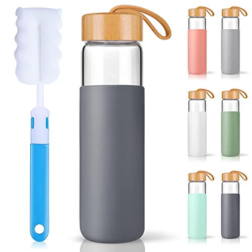 Yomious 25 Oz Borosilicate Glass Water Bottles with Silicone Sleeve BPA Free, Dishwasher Safe - Reusable Clear Glass Drinking with Leak Proof Bamboo Lid | Perfect Gym Water Bottles for Men & Women
