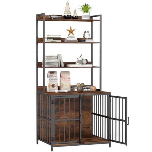 Maxmass Wooden Dog Crate, Furniture Style Pet Cage with Storage Shelves & 2 Lockable Doors, Indoor Dog Kennel Industrial Side Table for Living Room, 80 x 60 x 170cm