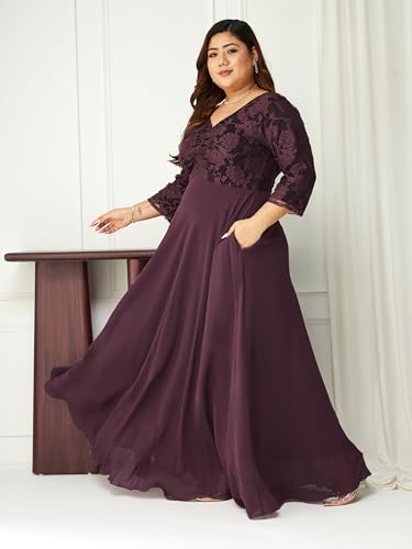 Image of Miss Chase A+ Women's Floral Printed Relaxed Fit V -Neck 3 /4Th Sleeve Georgette Maxi Dress