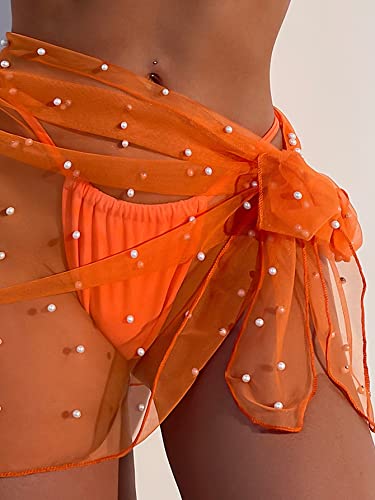 Image of GORGLITTER Women's Cover Up Sarong Wrap Skirt Bachelorette Outfits for Bride Sheer Mesh Bridal Swimsuit Pearl Bathing Suit