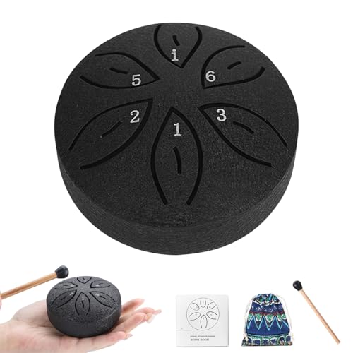 ZTJ Mini Rain Drum for Outside 3-Inch 6-Note Steel Tongue Drum Garden Chime Percussion Instrument with Mallets & Bag Meditation Tools for Yoga Stress Relief for Office(Black)