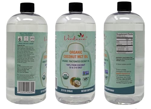 Verdana Organic MCT Oil 32 oz – Food Grade USDA Organic for Keto Coffee, Unflavored Natural Oil Pulling Mouthwash & Massage - Coconut Derived, Fractionated – Medium Chain C8 C10 – Non-GMO, Kosher