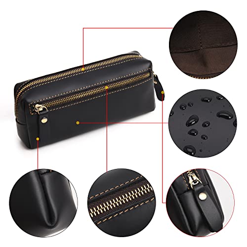 Wonderpool Pen Case Real Leather Pencil Pouch Markers Holder Big Capacity Bag With Side Zippered Pocket Sleeve For Stationery Makeup Utensils Organizer (Black) #TOP4