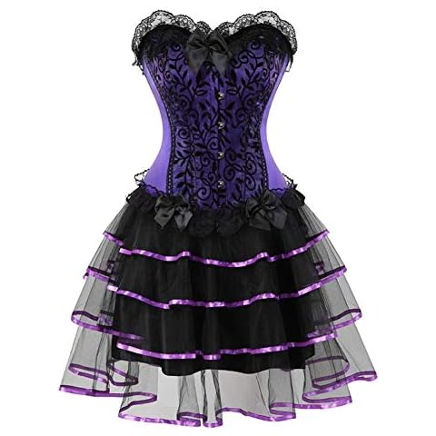 F.ttmstte Halloween Women Sexy Corsets Lingerie Purple Lace up Boned Corset Dress Costume with Petticoat Skirts S Cover