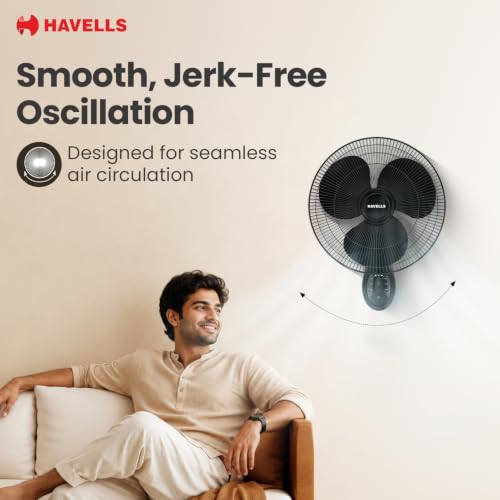 Image of Havells Gatik Pro BLDC 400mm Wall Mount Fan | RPM: 1350 | Double string for Speed & Oscillation control | Thermal Overloaded Protected Motor | 100% Copper Wire Winding Motor | 2 Year Warranty (Black)