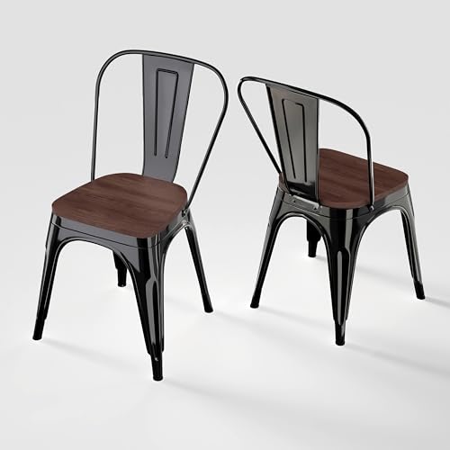 Rivbuio Metal Dining Chairs Set of 2 with Wood Seat, Stackable Tolix-Style Chairs with Back,Designed for Everyday Indoor Dining,Kitchen & Dining Room (Black)
