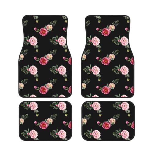 Alfombrillas de neopreno para coche con estampado floral de rosas rojas y fondo negro