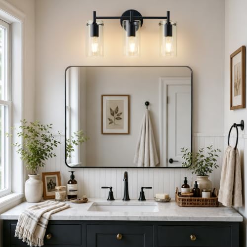 Image of Indoi Bathroom Light Fixtures, 3-Light Matte Black Vanity Light, Black Bathroom Lights Over Mirror with Clear Glass Shade, Wall Sconces for Mirror Bedroom Living Room Hallway (Pack of 2)