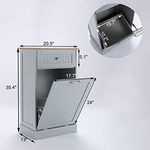 Trash Cabinet Tilt Out Freestanding, Pet Proof Kitchen Trash Cabinet Laundry Hamper with Cutting Board, Wood Garbage Recycling Station Hideaway Trash Holder Drawers (1, Grey)
