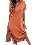 Dyexces Women Summer T Shirt Dress Casual Short Sleeve V Neck Maxi Dresses Loose Side Slit Long Tshirt Dress with Pockets Orange