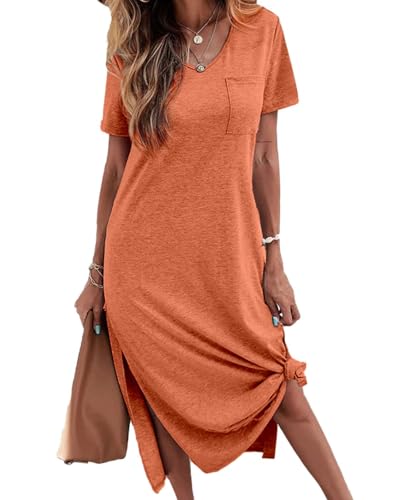 Image of Dyexces Women Summer T Shirt Dress Casual Short Sleeve V Neck Maxi Dresses Loose Side Slit Long Tshirt Dress with Pockets