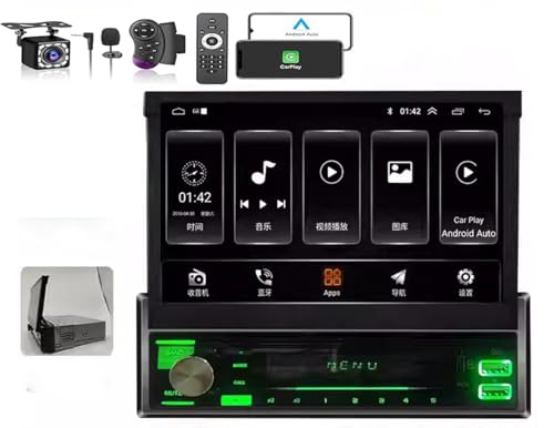 Android 13 Single Din Vertical Car Stereo with Wireless/Wired Apple Carplay & Android Auto 7" Manual Flip Out Screen Head Unit Radio 4+64GB GPS Navigation Free Backup Camera (Manual Scaling)