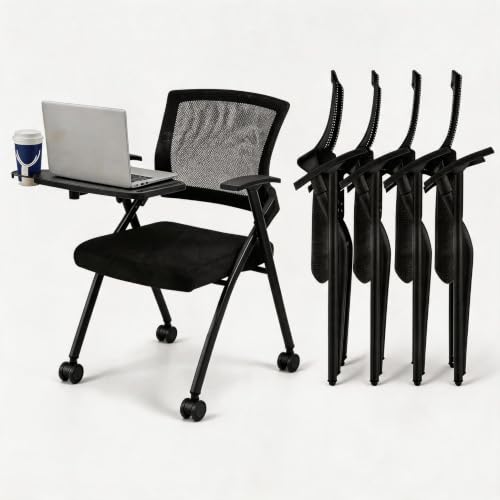 Image of Folding Training Chairs with Desk Attached, Office Meeting Chair with Writing Tablet & Cup Holder, Space-Saving Nesting Stackable Chairs with wheel for Conference Room,Seminar, Classroom Chair,Black∰w