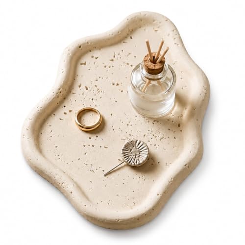 Biutimarden Travertine Small Jewelry Dish for Countertop Trinket Vanity Tray Perfume Tray Decorative Bedside Tray Room Decor Ring Dish Key Tray for Bathroom Office Entrance (Beige)