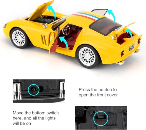 Image of 1 /32 Ferrari Race and Ferrari 250 GTO Model Luxury Car Toy Metal Pull Back Diecast Car with Openable Door and Sound Light, Gifts Toys for Kids【 Yellow 】