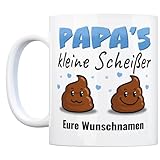 Papas kleine Scheißer Kackhaufen Tasse - personalisiert mit Namen der Kinder - Kaffeebecher zum Vatertag von Sohn und Tochter für den besten Papa oder Opa von 1-4 Kindern persönliche Überraschung