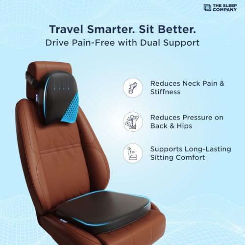 Image of The Sleep Company Ortho Travel Support Combo - Car Seat Cushion + Neck Pillow for Car & Driving | Back Pain Relief, Cervical Support, Posture Correction | SmartGRID Car Cushions