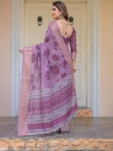 Image of ALMAARI FASHION Floral Printed Cotton Saree for Women with Handloom Zari Weave, Traditional Lightweight Ethnic Saree for Wedding Festive Office Party with Blouse Piece (LINEN 81-90 SH)