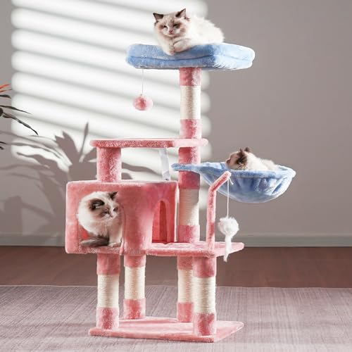 Image of Heybly Cat Tree with Toy, 43.3 inch Cat Tower condo for Indoor Cats, Cat House with Padded Plush Perch, Cozy Hammock and Sisal Scratching Posts, Blue and Pink HCT004SBP