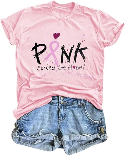 Breast Cancer Awareness Shirt for Women Pink Ribbon T Shirt Heart Graphic Hope Tee Tops Pink L