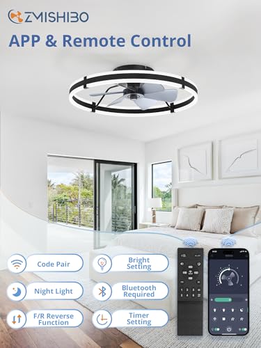 Image of ZMISHIBO 24 Inch Ceiling Fans with Lights and Remote, Modern Low Profile Ceiling Fan, 3000-6000K Dimmable Flush Mount LED Fan Light, 6 Wind Speeds, Fandelier Ceiling Fans for Bedroom- Black
