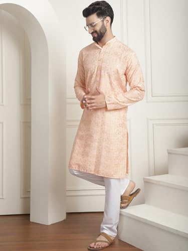 Sojanya (Since 1958 Men's Cotton Foil Printed Peach Kurta With Churidaar Pyjama