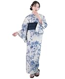 [KYOETSU] [キョウエツ] 浴衣セット 変わり織 生成り 6点セット(浴衣、兵児帯、肌着、下駄、腰紐) レディース A (群青花苑, フリーサイズ)