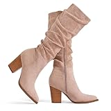 Putu Women's Pointed Toe Knee High Boots Faux Suede Slouch Boots with Chunky Heel Taupe Size 7.5