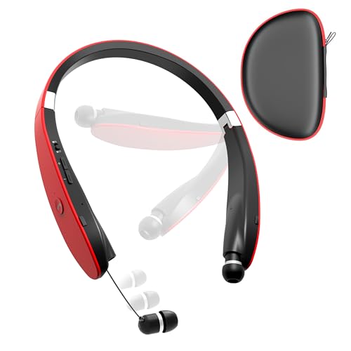Image of Bluetooth Neckband Headphones, Foldable Wireless Lightweight Neck Headset with Retractable Earbuds, Noise Cancelling Sweatproof Stereo Earphones with Mic & Carrying Case (Red)