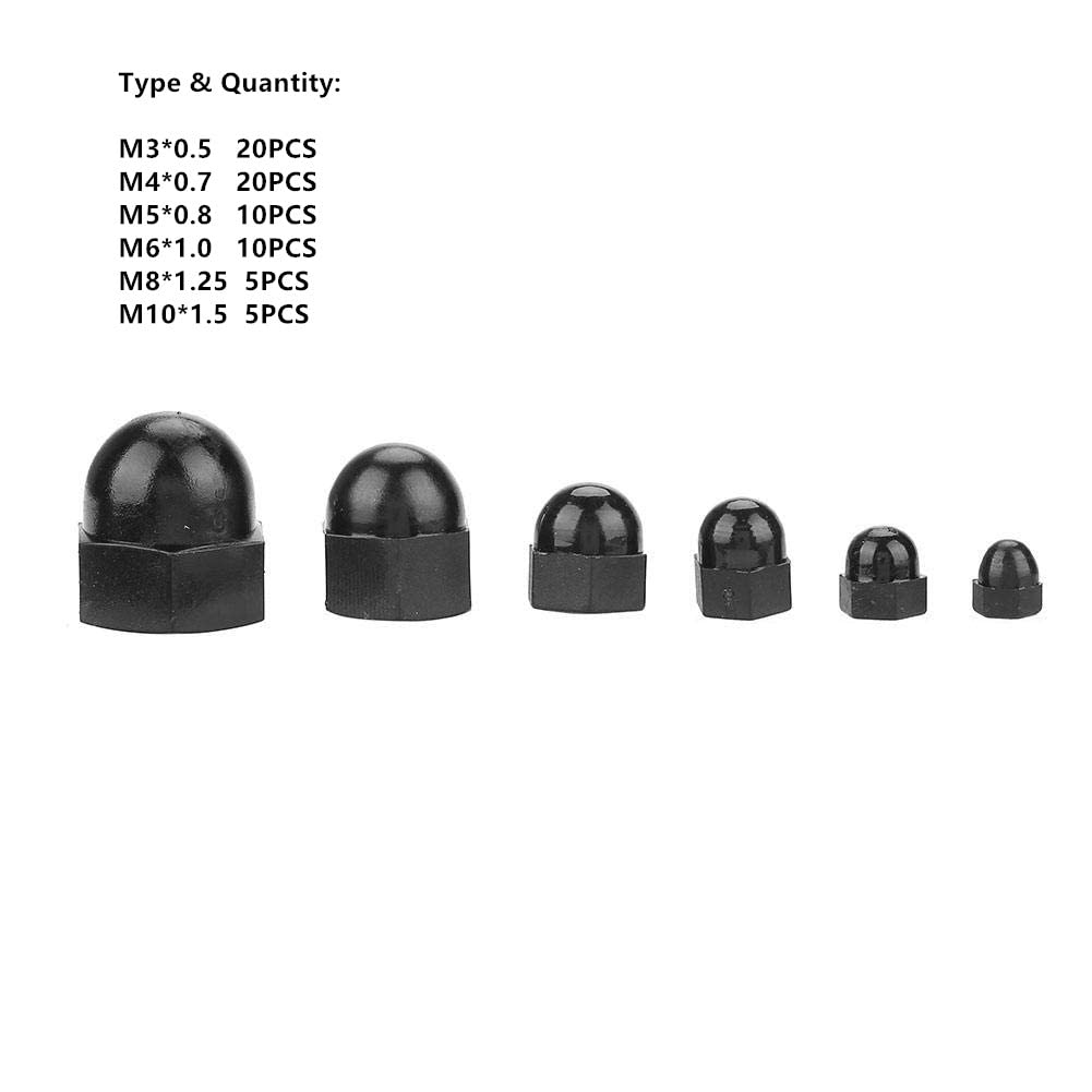 Walfront 70Pcs Black Nylon Acorn Hex Nuts M3/M4/M5/M6/M8/M10