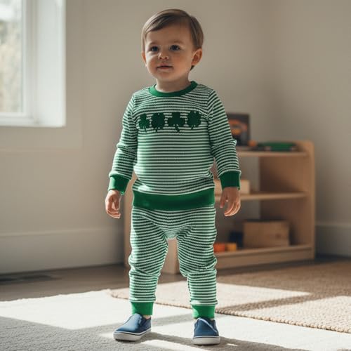 Image of Toddler Baby Boy St Patricks Day Outfit Infant Lucky Clover Sweatshirt Pants Set Little Kids Spring Warm Clothes