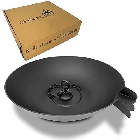 Rain Chain Anchoring Basin | 12.5" Display Dish w/Chain for Roof Gutter Downspout | Decorative Rain Chain Basin for Garden & Patio | Water Feature Basin & Rain Chain Anchor | Black Powder Coated Cover