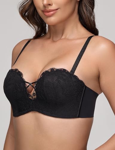 Image of Wingslove Women's Strapless Lace Bra Push Up Wirefree Bras Multi-Way Convertible Straps Padded Support Plus Size