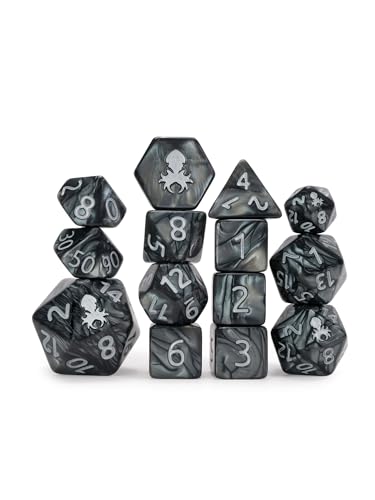 Kraken's Signature Black 14pc Dice Set Inked in Silver by Kraken Dice