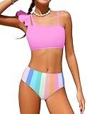 Doumlop Girls Bikini Set Size 7 Ruffle Bathing Suit for Girls with Adjustable Straps Light Pink Colorful Striped Kids Swimsuit Size7-8