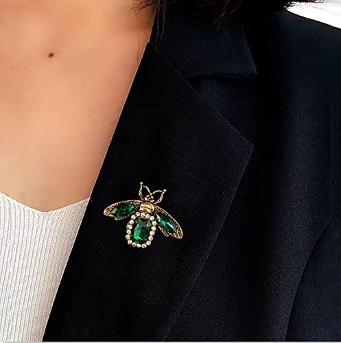 Gold Rhinestone Bee Brooch Pin for Women Men Fashion Crystal Vintage Green CZ Emerald Insect Animal Brooch Lapel Pins Dainty Dress Accessories Jewelry Boutonniere Corsage for Hat Bag Suit Tie Wedding