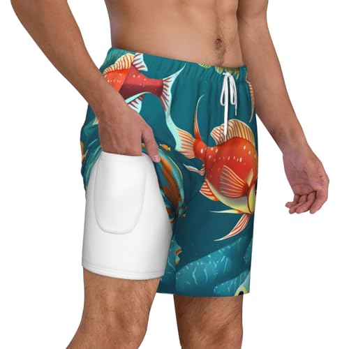 Men's Ocean Underwater Fish Print Quick-Dry Mesh Swim Trunks Stretch Lining Beach Shorts Surfing Summer Vacations